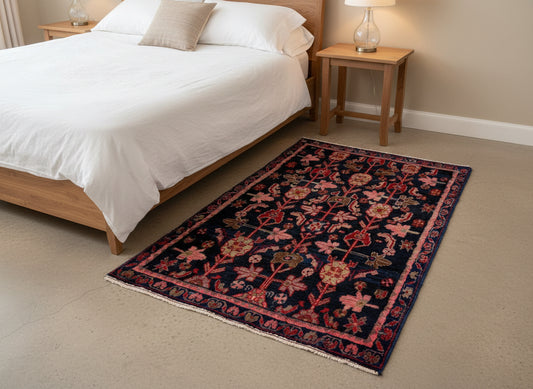 3’6”x4’11” Antique Hand-Knotted Wool Hamadan Persian Rug 3x5 Floral Handmade Carpet