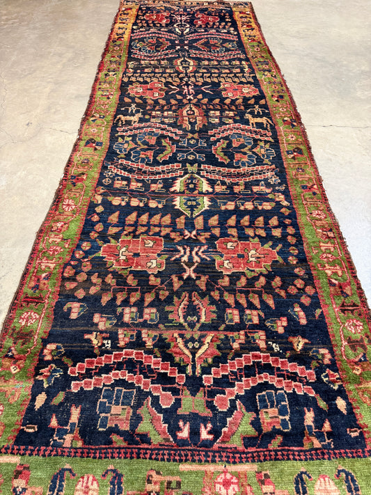 3’9”x11’8” Antique Hand-Knotted Wool Kurdish Persian Runner Handmade Green Blue Carpet