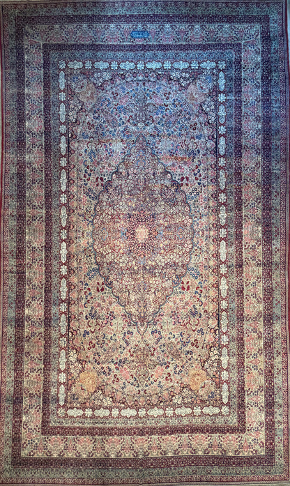 12’11”x21’7” Very Fine Collector Antique Hand-Knotted Signed Persian Kerman Area Rug