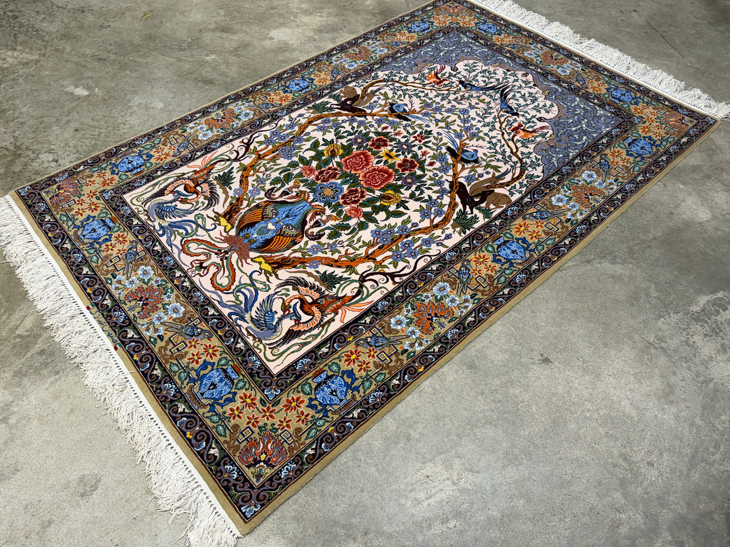 Hand-Knotted Persian Isfahan Rug -Garden of Birds- Signed Emadi - 3’7”x5’9”
