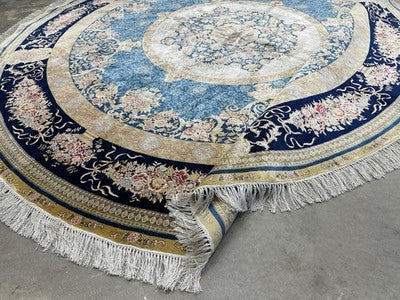 8’ Diameter Luxurious Hand-knotted Silk Round Rug - Handmade Blue Signed 8x8