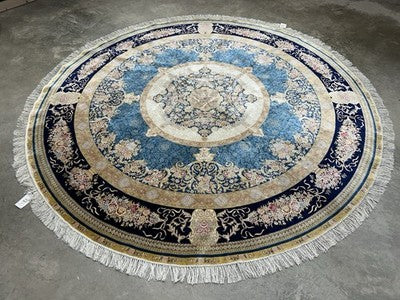 8’ Diameter Luxurious Hand-knotted Silk Round Rug - Handmade Blue Signed 8x8