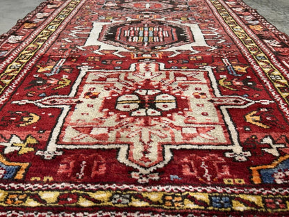 3'3”x12’2” Antique Hand-knotted Wool Herize Runner Rug - Handmade Red 3x12