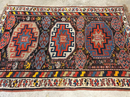 4'4"x6'4" Antique Hand-knotted Wool Geometric Caucasian Area Rug - Russian 4x6
