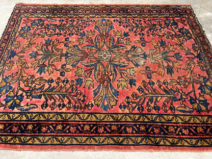3'6"x4'5" Antique Hand-knotted Wool Sarouke Area Rug - Handmade Red 3x4 Carpet