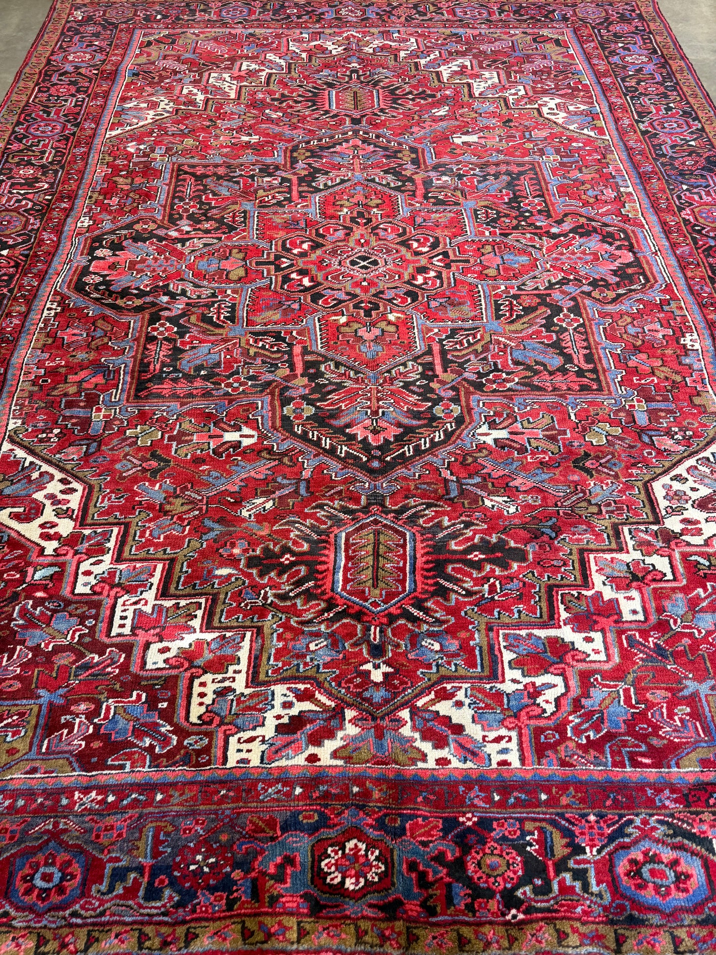 9’7”x13’ Vintage Hand-Knotted Wool Heriz Persian Rug 9x13 Red Handmade Carpet