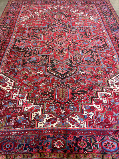 9’7”x13’ Vintage Hand-Knotted Wool Heriz Persian Rug 9x13 Red Handmade Carpet