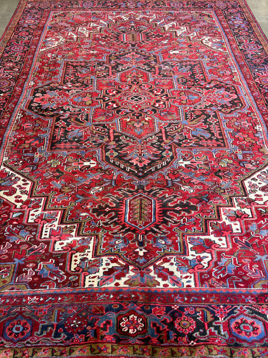 9’7”x13’ Vintage Hand-Knotted Wool Heriz Persian Rug 9x13 Red Handmade Carpet