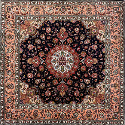 Hand-Knotted 60 Raj Persian Tabriz Rug, 6′5″x6′7″, with intricate floral design in red, navy, cream, and peach.