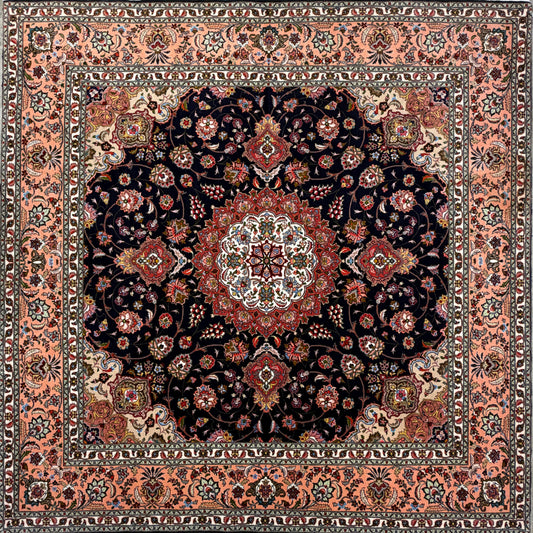 Hand-Knotted 60 Raj Persian Tabriz Rug, 6′5″x6′7″, with intricate floral design in red, navy, cream, and peach.