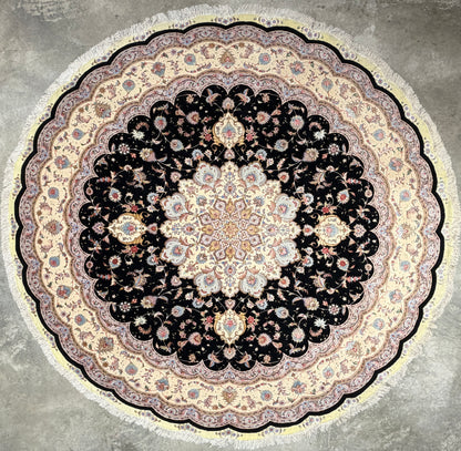 10’ Diameter Very Fine Hand-Knotted Wool & Silk Round Tabriz Persian Rug - 10x10 Handmade Carpet