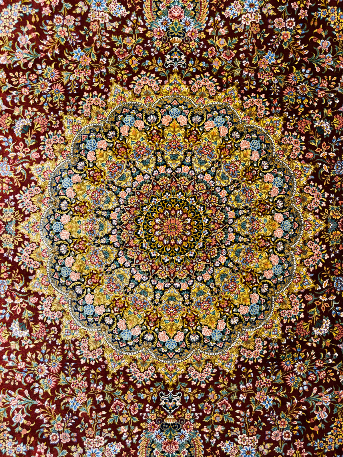 (On Hold for LH) Luxurious Hand-Knotted 100% Silk Persian Qum Rug - Signed Naimi - 6'5"x9'10"