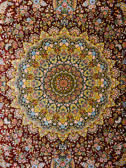 (On Hold for LH) Luxurious Hand-Knotted 100% Silk Persian Qum Rug - Signed Naimi - 6'5"x9'10"