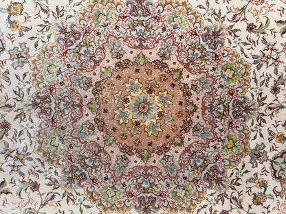 10’ Diameter Very Fine Hand-Knotted Wool & Silk Round Tabriz Persian Rug - 10x10 Handmade Carpet