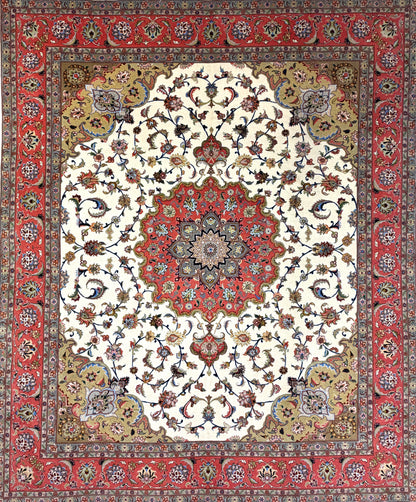 Hand-Knotted 60 Raj Persian Tabriz Rug: red medallion, cream floral pattern, ornate borders, 6′9″x8′1″.