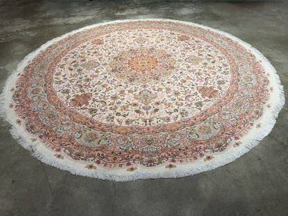 10’ Diameter Very Fine Hand-Knotted Wool & Silk Round Tabriz Persian Rug - 10x10 Handmade Carpet