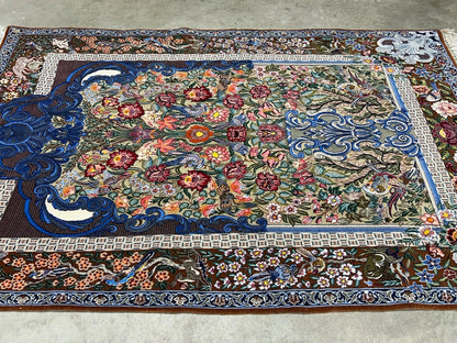 3’9”x5’11” Hand-Knotted Fine Wool & Silk Isfahane Pictorial Area Rug - Carpet