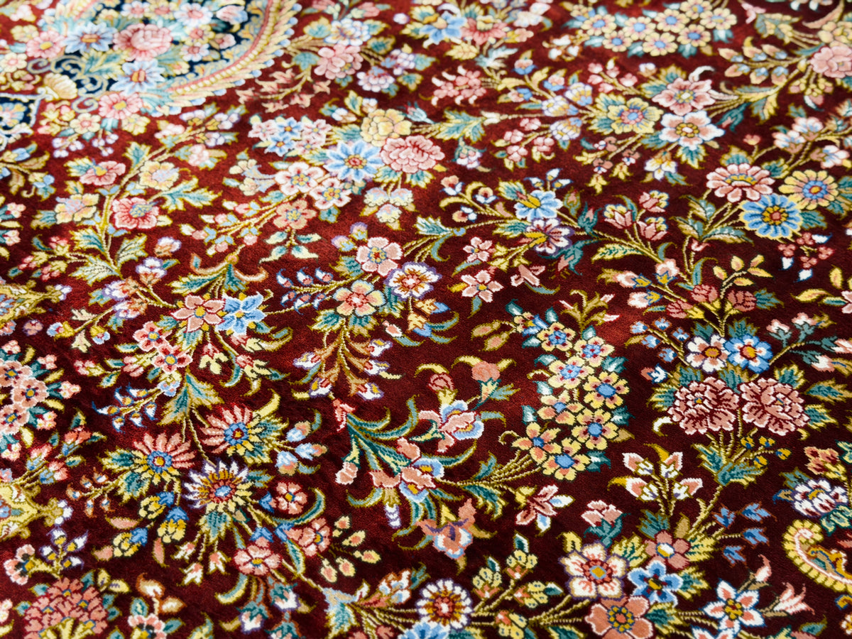 (On Hold for LH) Luxurious Hand-Knotted 100% Silk Persian Qum Rug - Signed Naimi - 6'5"x9'10"