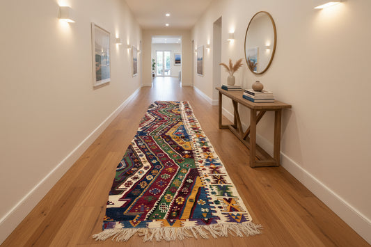 2’9”x14’10” Antique Hand-Woven Wool Flatweave Kilim Runner 2x14 Handmade Tribal Rug