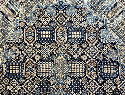 5’2”x8’9” Hand-Knotted Fine Wool & Silk Naine Area Rug - Beige & Blue Geometric