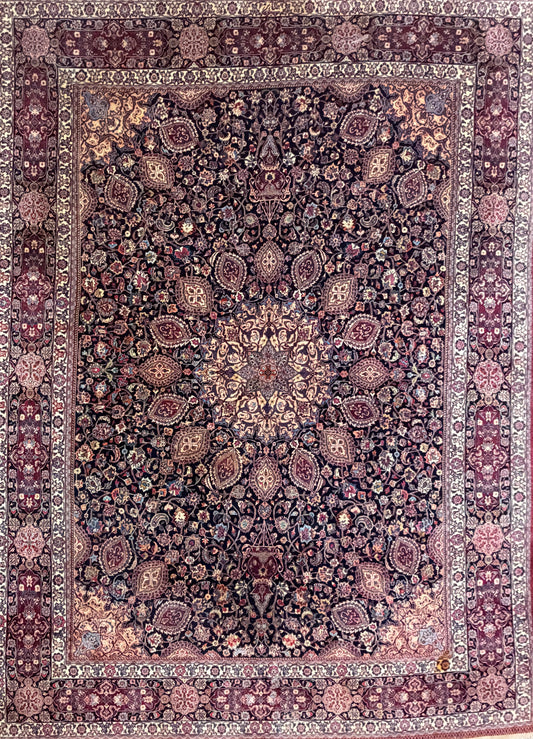 9’9”x13’2” Hand-Knotted Very Fine Antique Wool Persian Mashad Signed Saber Area Rug
