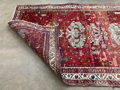 3’10”x10’10” Antique Hand-Knotted Wool Heriz Persian Runner 3x10 Handmade Red Rug