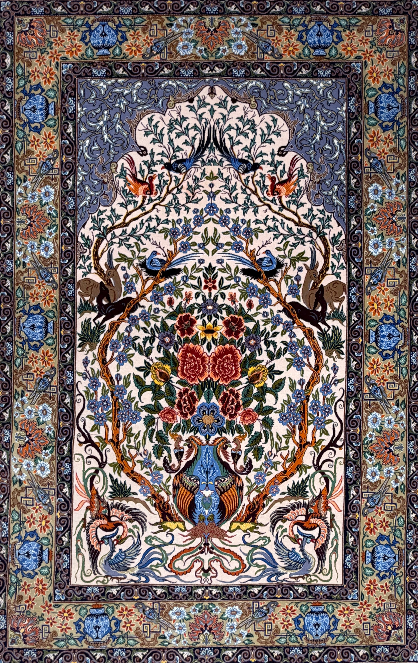 Hand-Knotted Persian Isfahan Rug -Garden of Birds- Signed Emadi - 3’7”x5’9”