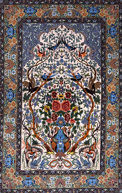 Hand-Knotted Persian Isfahan Rug -Garden of Birds- Signed Emadi - 3’7”x5’9”