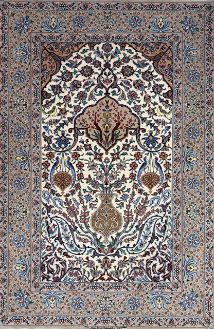 Hand-Knotted Persian Isfahan Rug -Garden of Birds- 3’7”x5’5”
