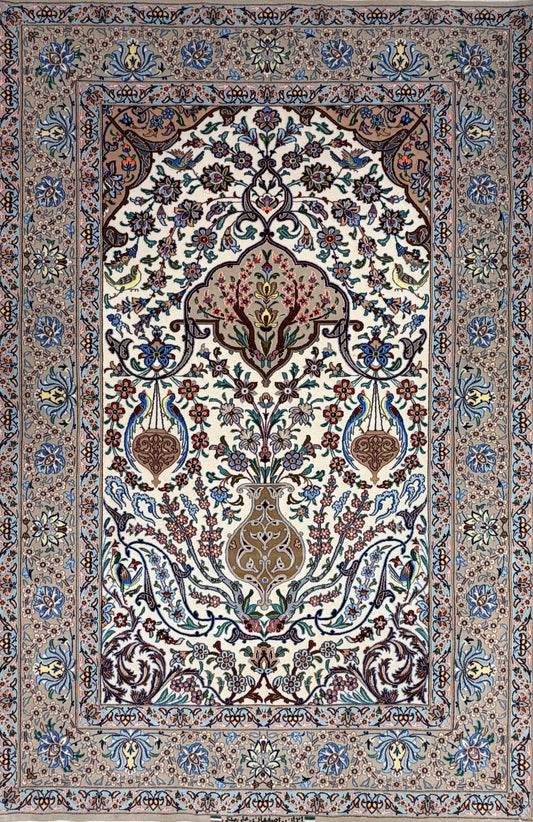 Hand-Knotted Persian Isfahan Rug -Garden of Birds- 3’7”x5’5”