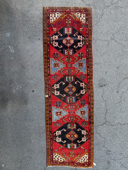 3’11”x13’2” Vintage Hand-Knotted Wool Hamadan Runner