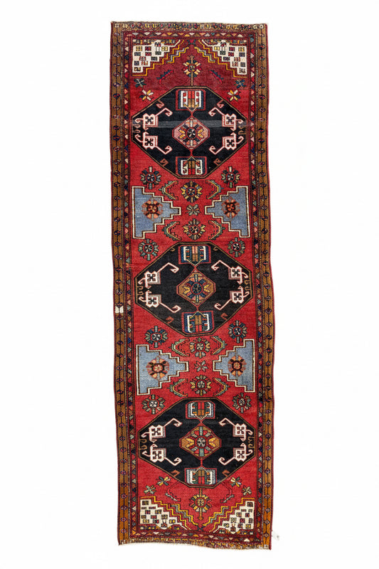 3’11”x13’2” Vintage Hand-Knotted Wool Hamadan Runner
