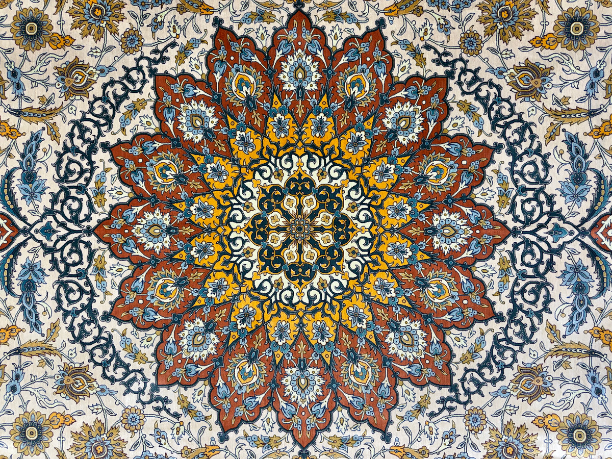 Luxurious Hand-Knotted 100% Silk Persian Qum Rug - Signed MirMahdi - 7'3"x10'7"