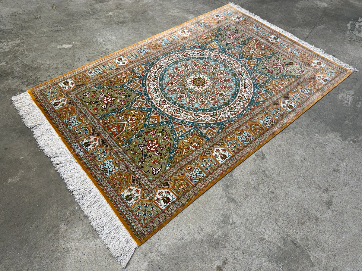 Hand-Knotted Silk Persian Qum Rug - Signed Vesal - 3’3”x4’11”
