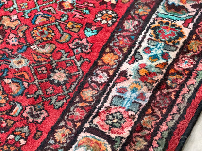 4’10”x10’3” Vintage Hand-Knotted Wool Hamadan Persian Rug 4x10 Red Handmade Tribal Carpet