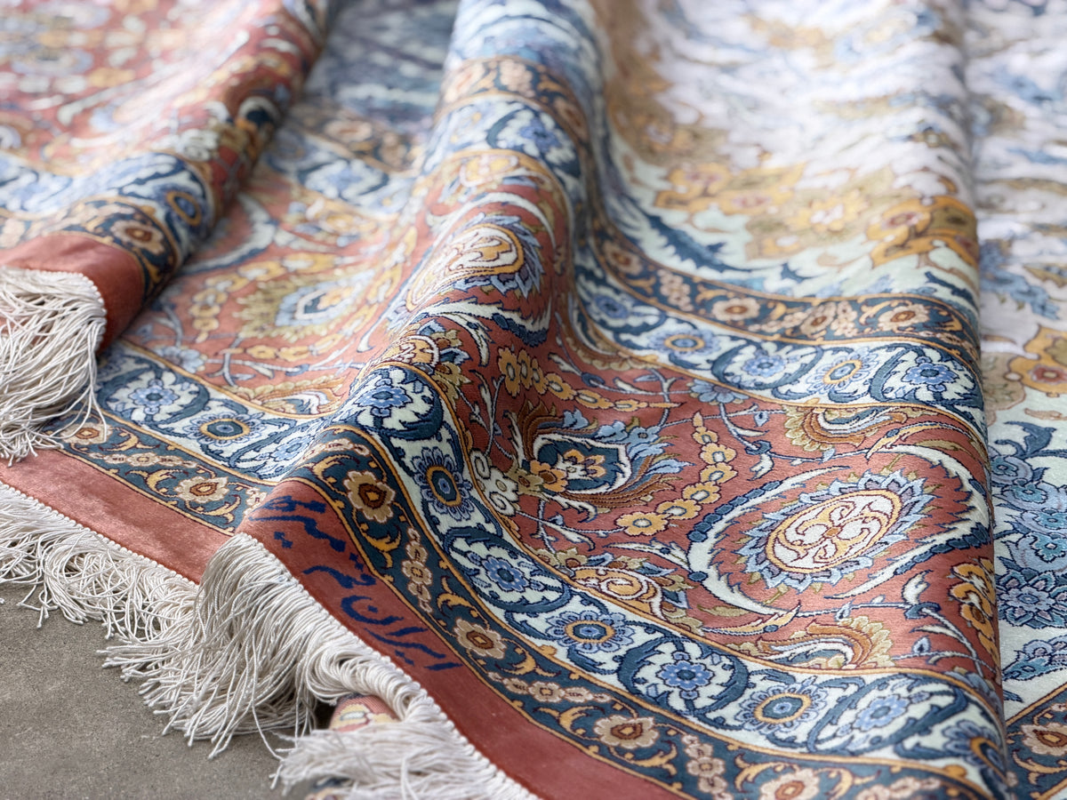 Luxurious Hand-Knotted 100% Silk Persian Qum Rug - Signed MirMahdi - 7'3"x10'7"