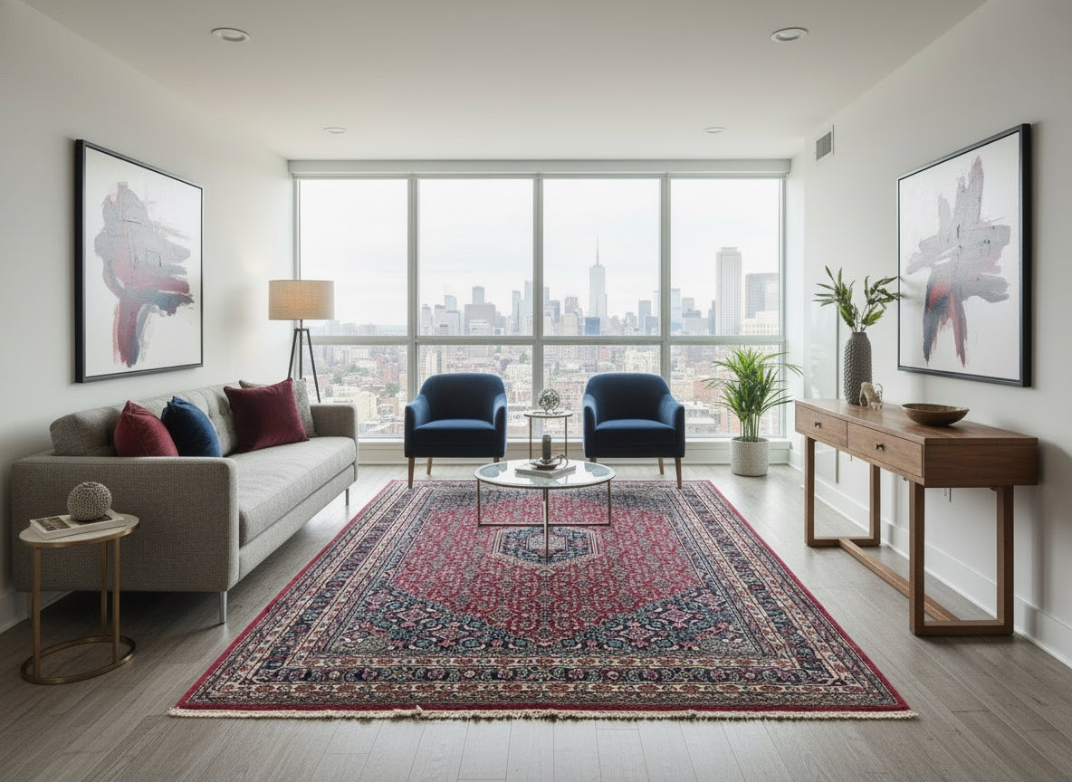 6’x9’ Fine Hand-Knotted Wool IndoBidjar Persian Rug 6x9 Burgundy All-Over Handmade Carpet