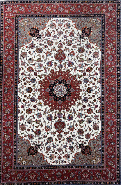 Hand-Knotted 60 Raj Persian Tabriz Rug, 6′2″x9′3″, with red, white & gray floral and ornate patterns.