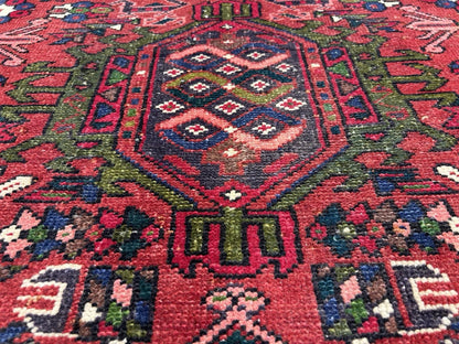 4’3”x14’1” Antique Hand-knotted Wool Herize Runner Rug - Handmade Red 4x14