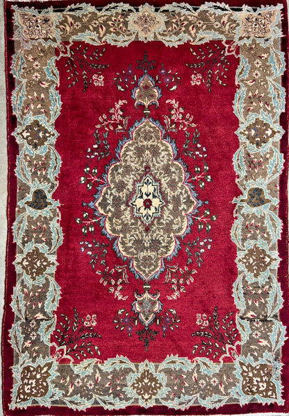 4'2"x6'3" Antique Hand-knotted Wool Tabrize Area Rug - Handmade Red 4x6 Carpet