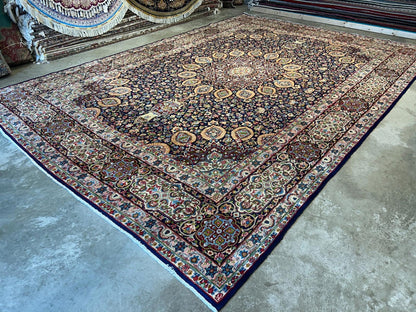 11'1"x15'10" Semi-Antique Hand-Knotted Handmade Kashmare Persiane Rug Navy Blue