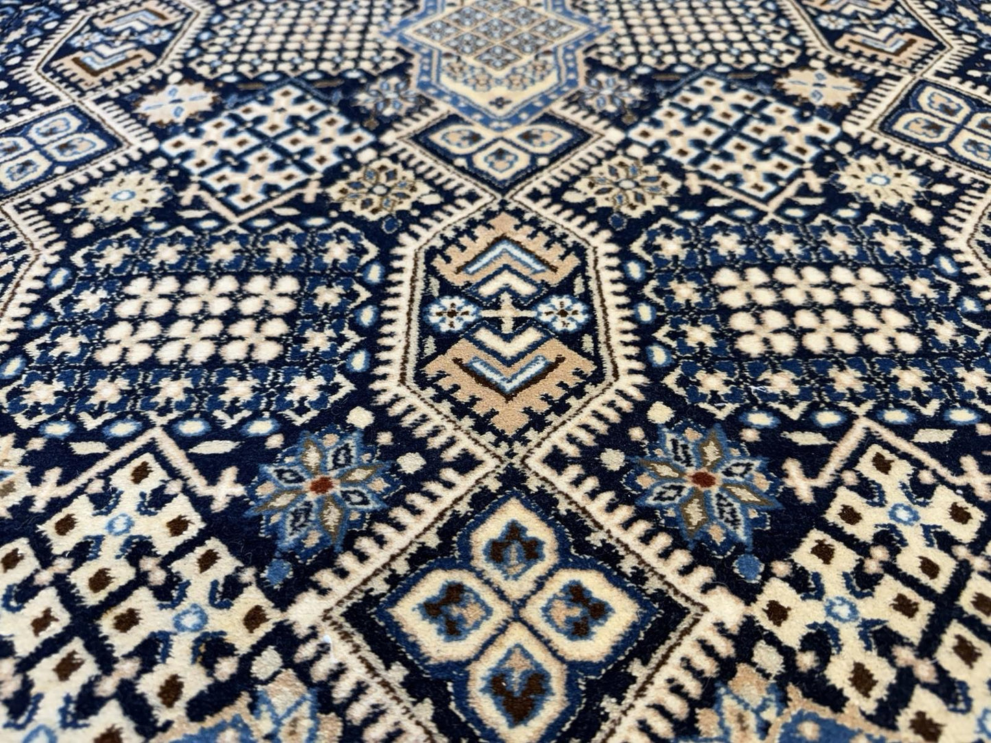 5’2”x8’9” Hand-Knotted Fine Wool & Silk Naine Area Rug - Beige & Blue Geometric