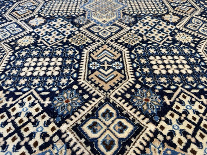 5’2”x8’9” Hand-Knotted Fine Wool & Silk Naine Area Rug - Beige & Blue Geometric