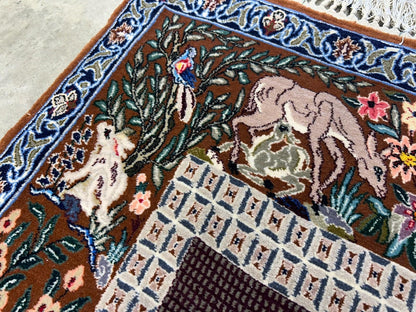 3’9”x5’11” Hand-Knotted Fine Wool & Silk Isfahane Pictorial Area Rug - Carpet