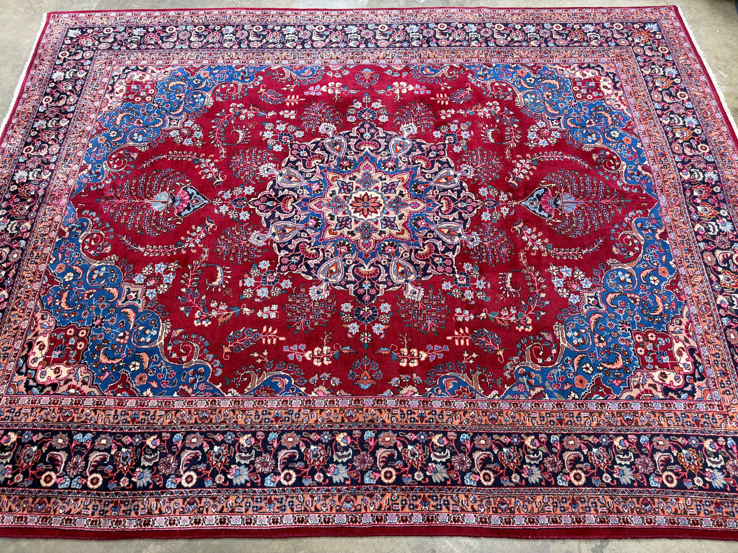 9’7”x12’6” Vintage Hand-Knotted Wool Sarouk Persian Rug 9x12 Red Handmade Carpet