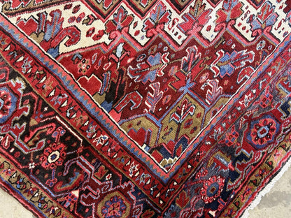 9'7"x13' Vintage Hand-Knotted Herize Rug Antique Handmade Red Oriental Geometric