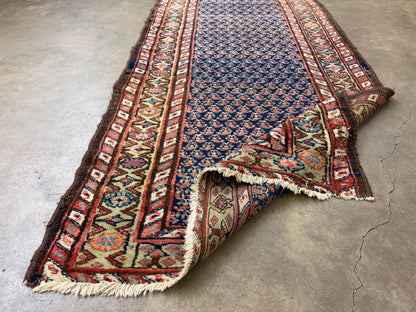 3’x13’9” Antique Hand-Knotted Wool Malayer Persian Runner 3x13 Handmade Blue Green Carpet