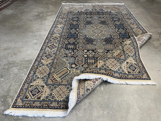 5’2”x8’9” Hand-Knotted Fine Wool & Silk Naine Area Rug - Beige & Blue Geometric