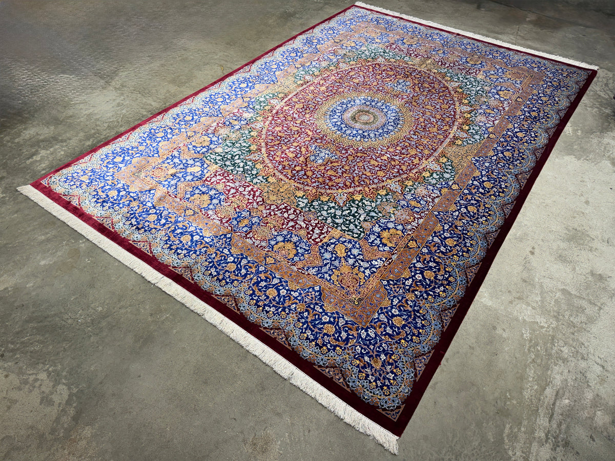 Luxurious Hand-Knotted 100% Silk Persian Qum Rug - Signed Kazemi - 6'6"x10'