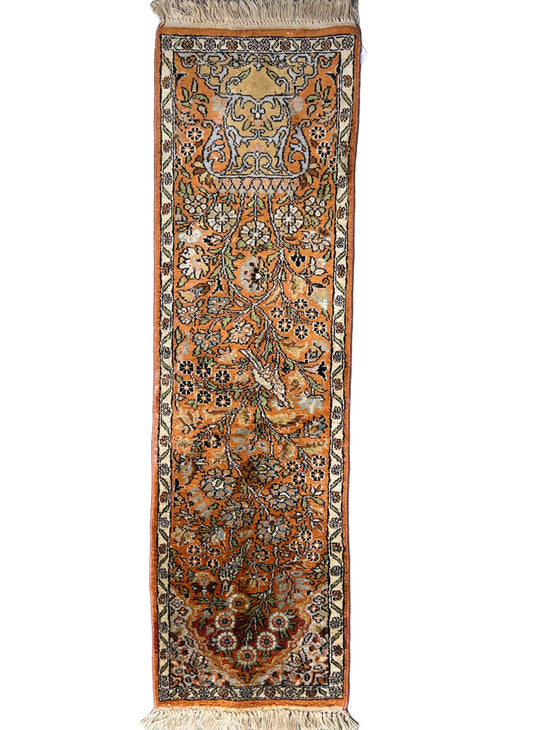 Antique Hand-Knotted 100% Kashmiri Silk Rug - 1’x4’